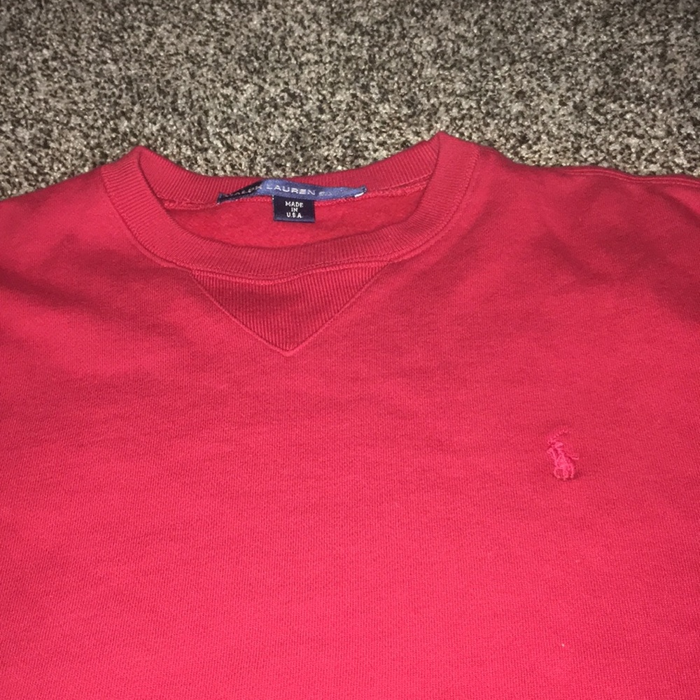 A red Ralph Lauren sweatshirt